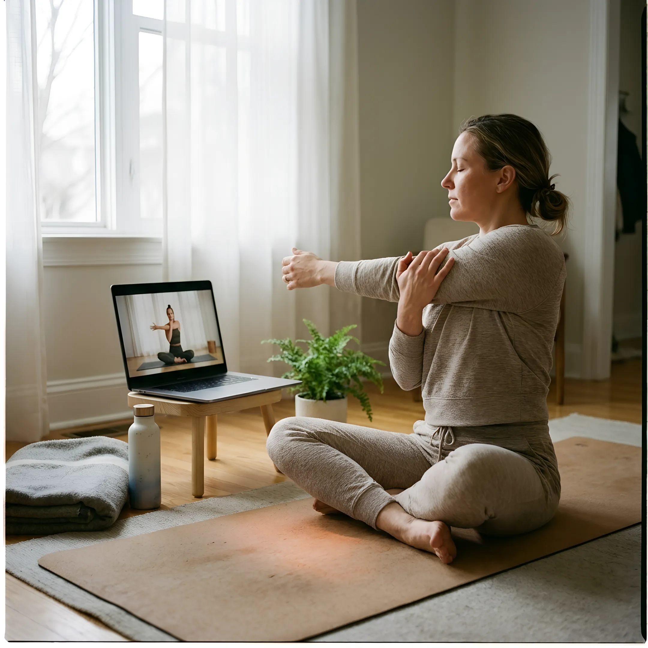 Online chair yoga instructor guiding a seated stretch
