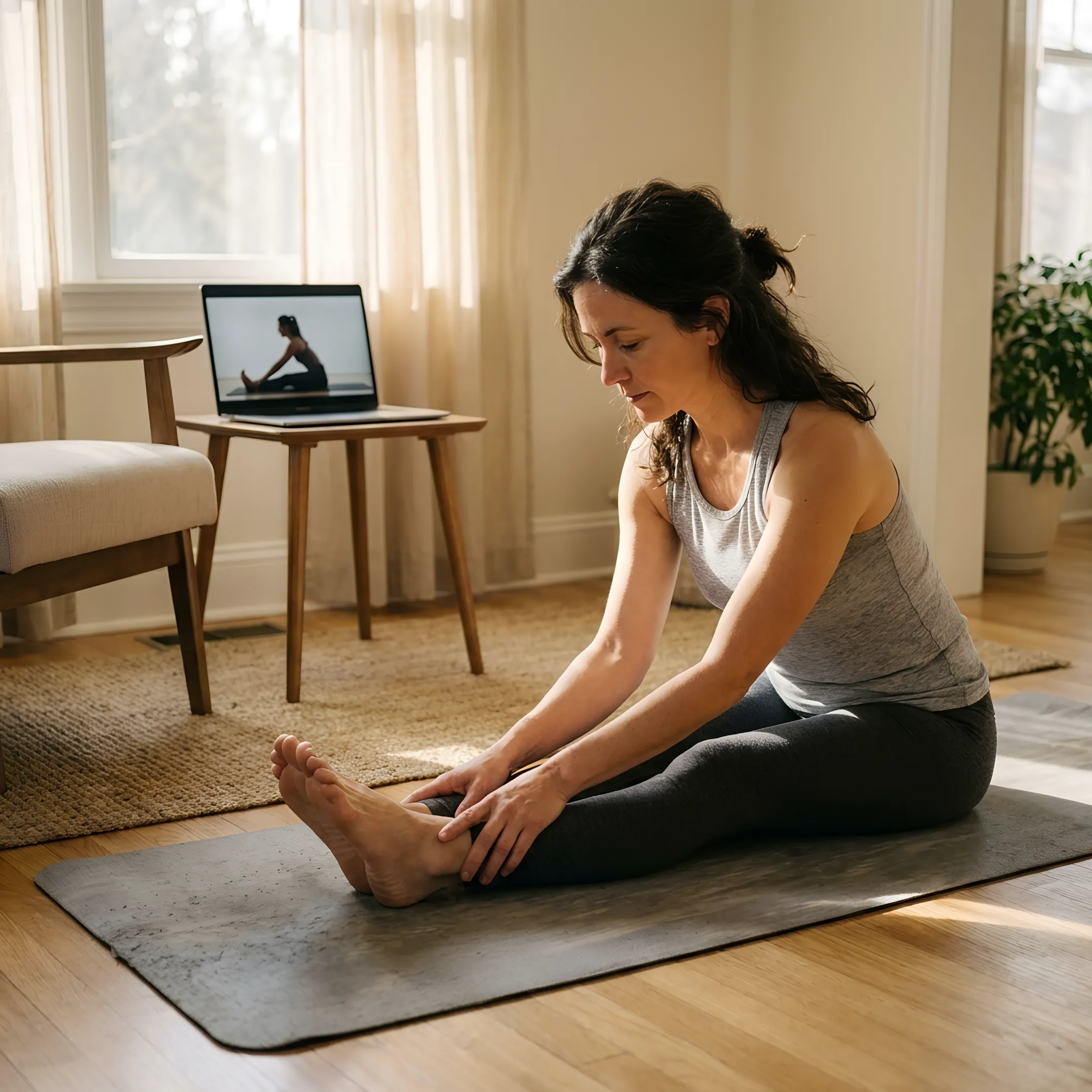 Woman following gentle online yoga class