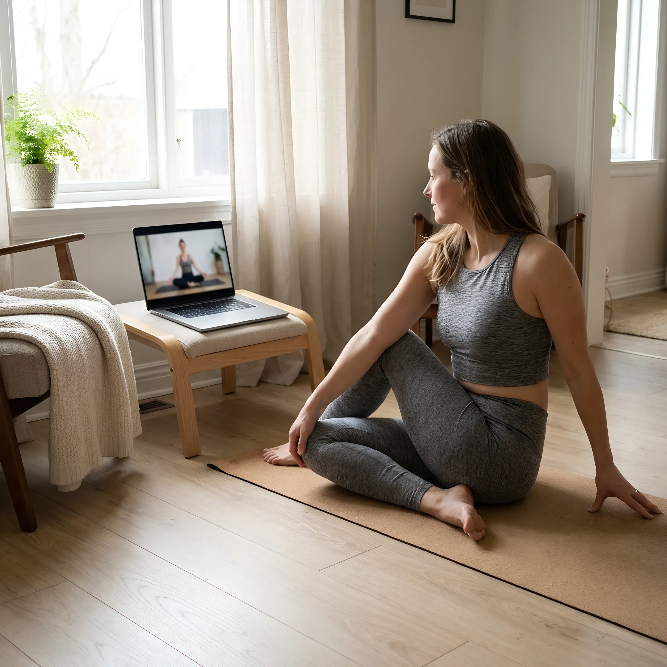 Online faith-based yoga class in a calm home