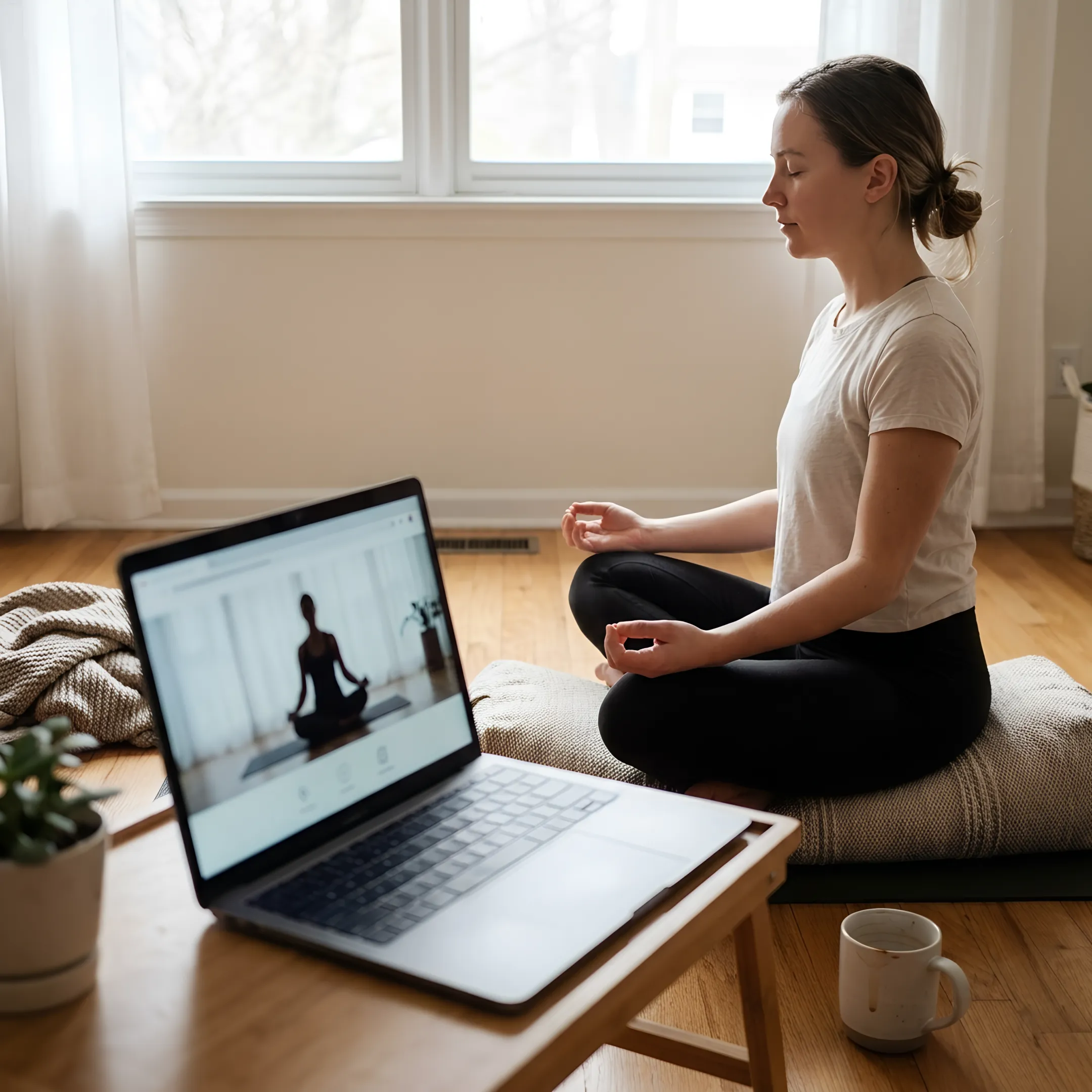 Guided meditation instructor on a laptop