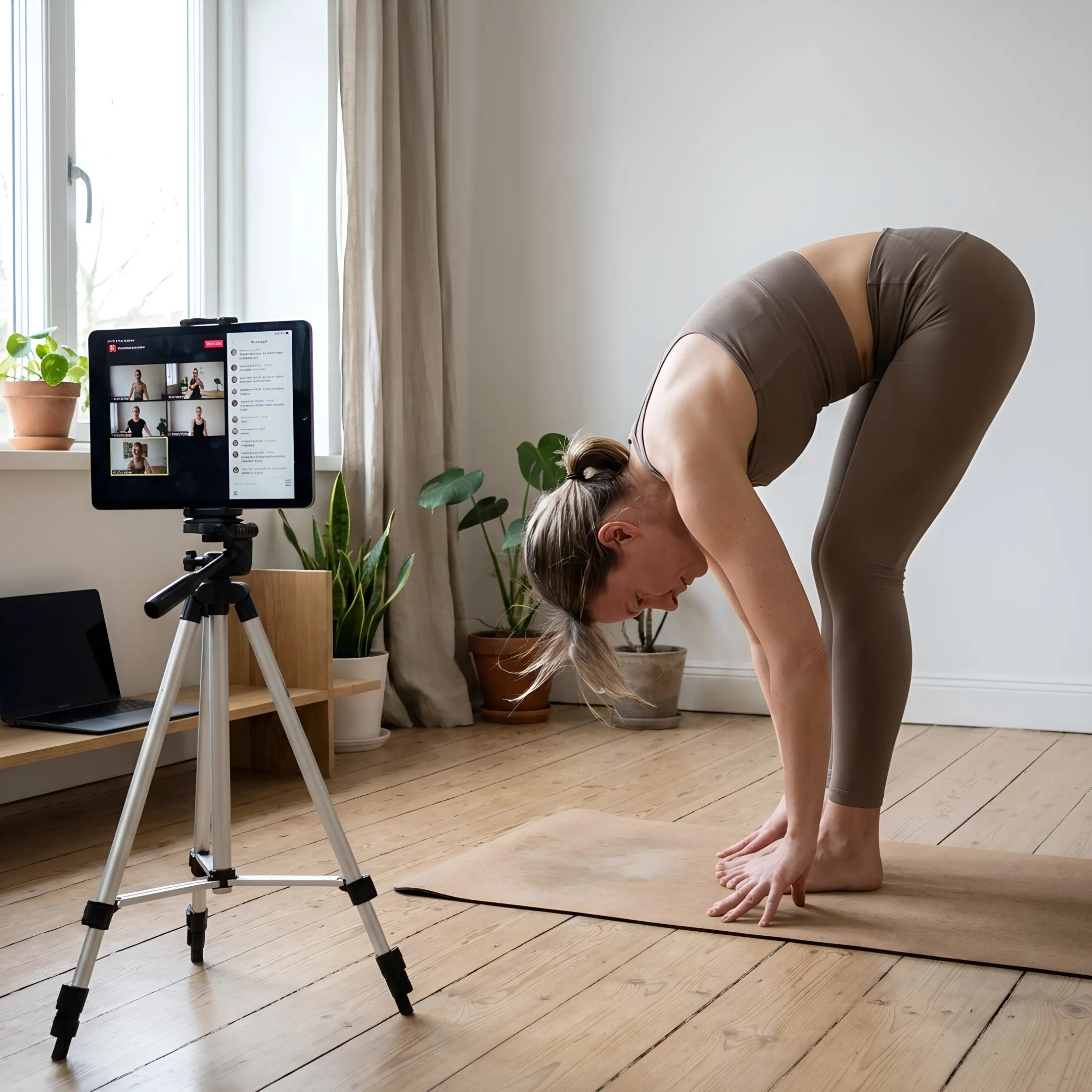 Online yoga instructor leading a home practice