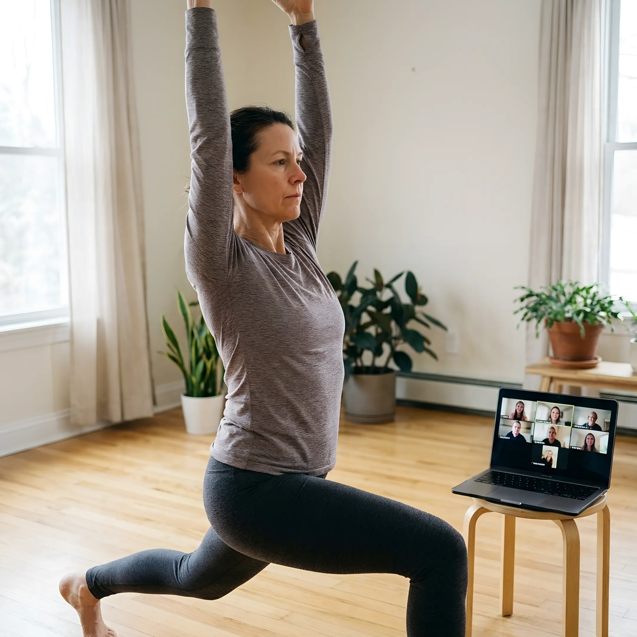 Instructor leading an online power yoga flow