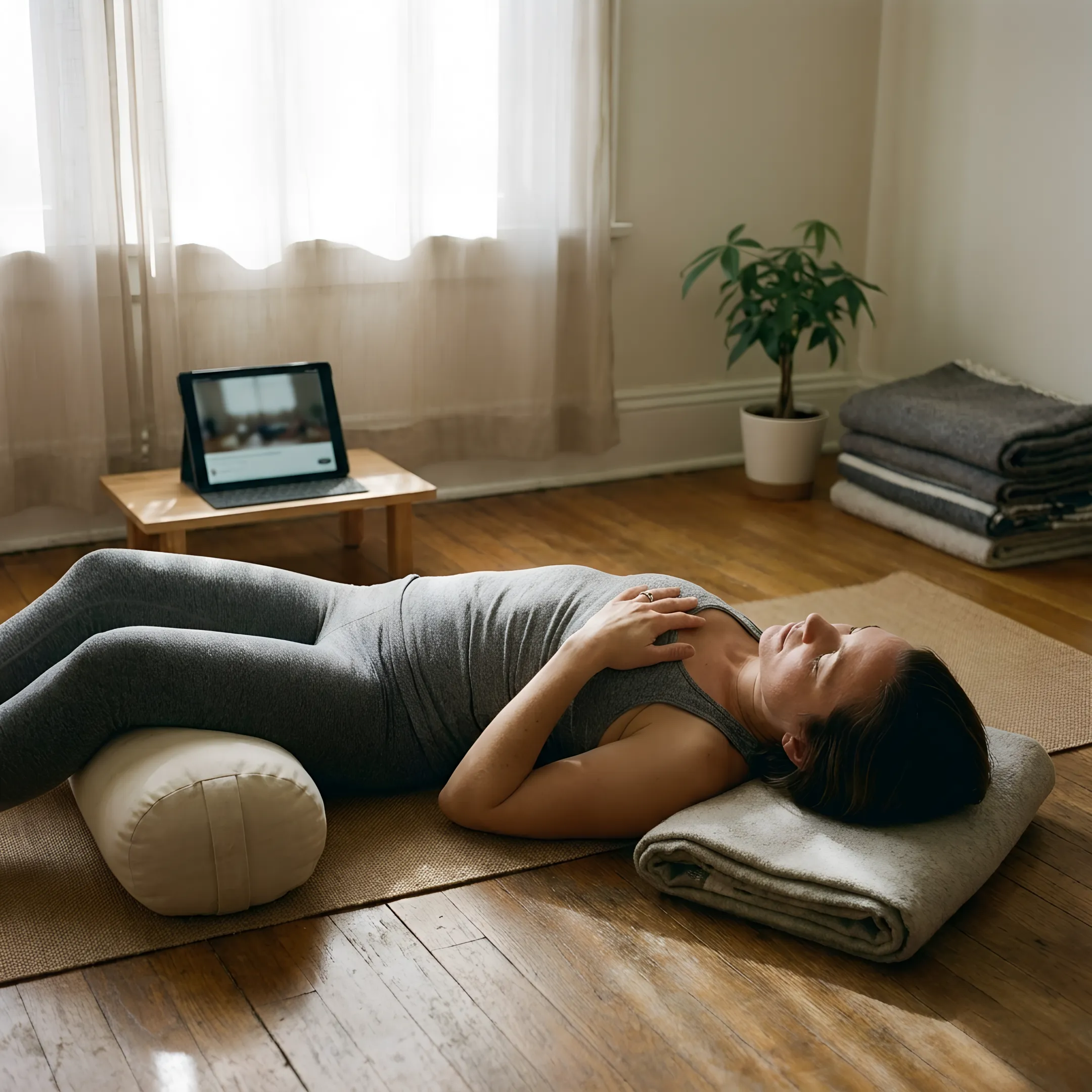 Restorative yoga student relaxing with blankets and a bolster