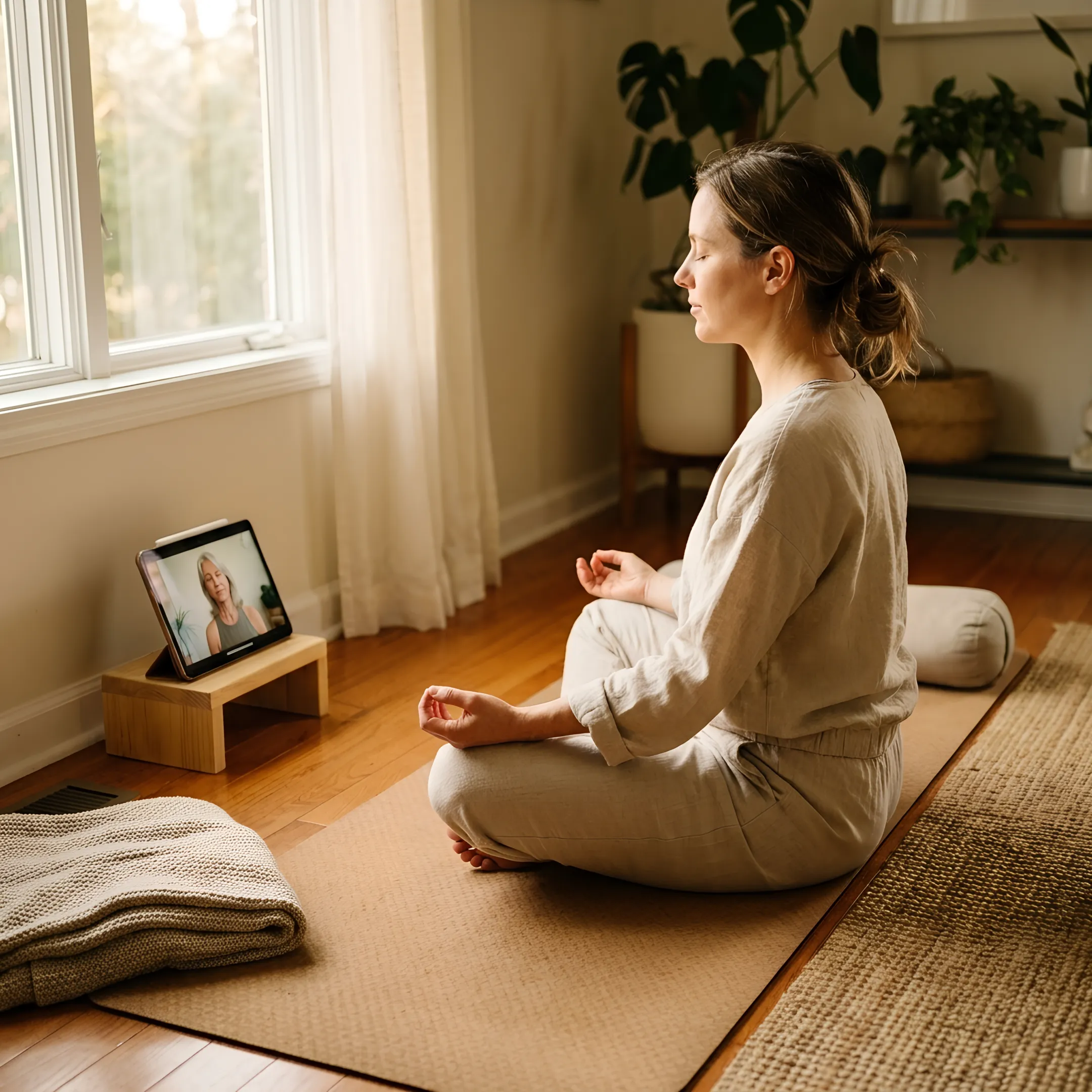 Online yoga instructor guiding a calming practice