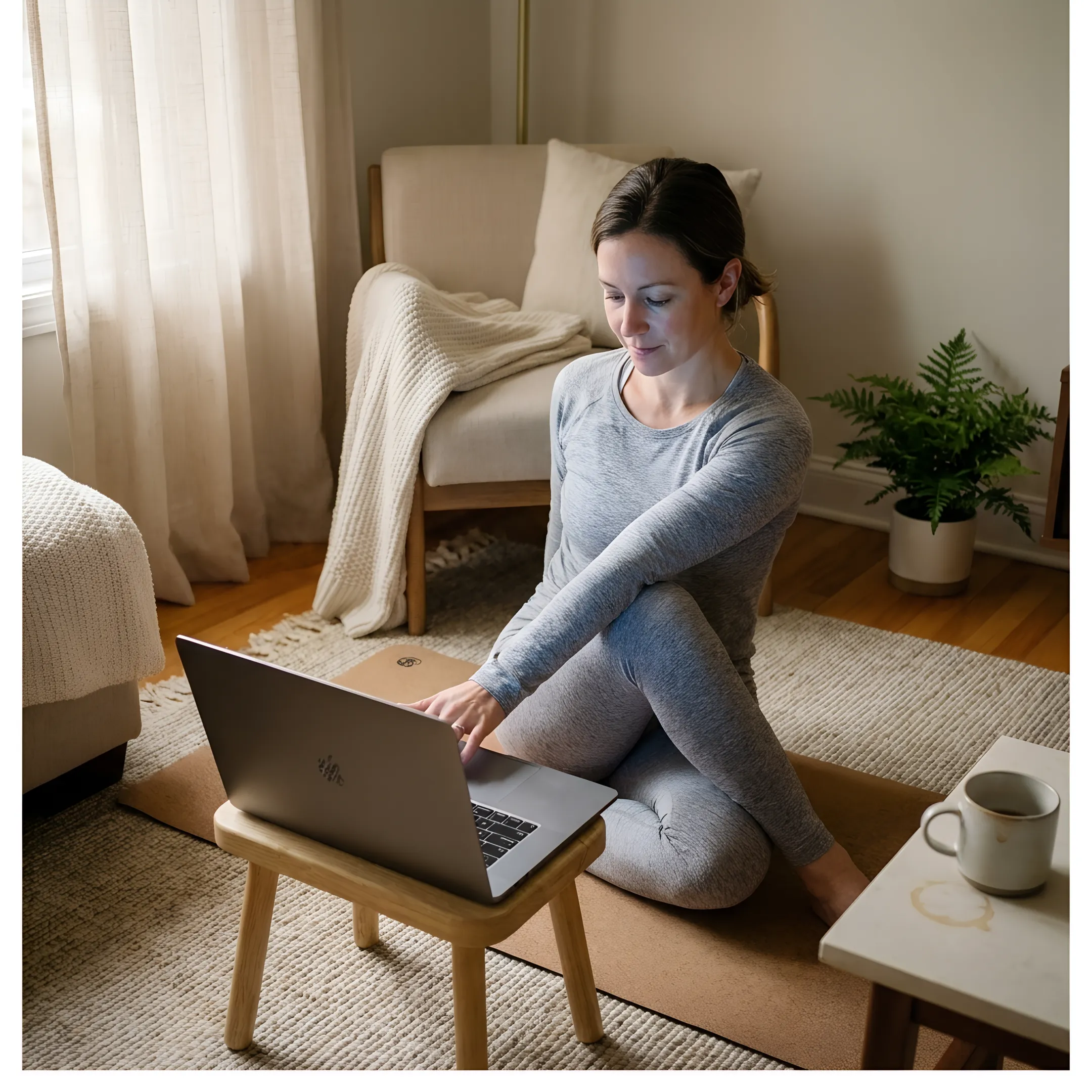 Instructor leading an online Christian yoga session