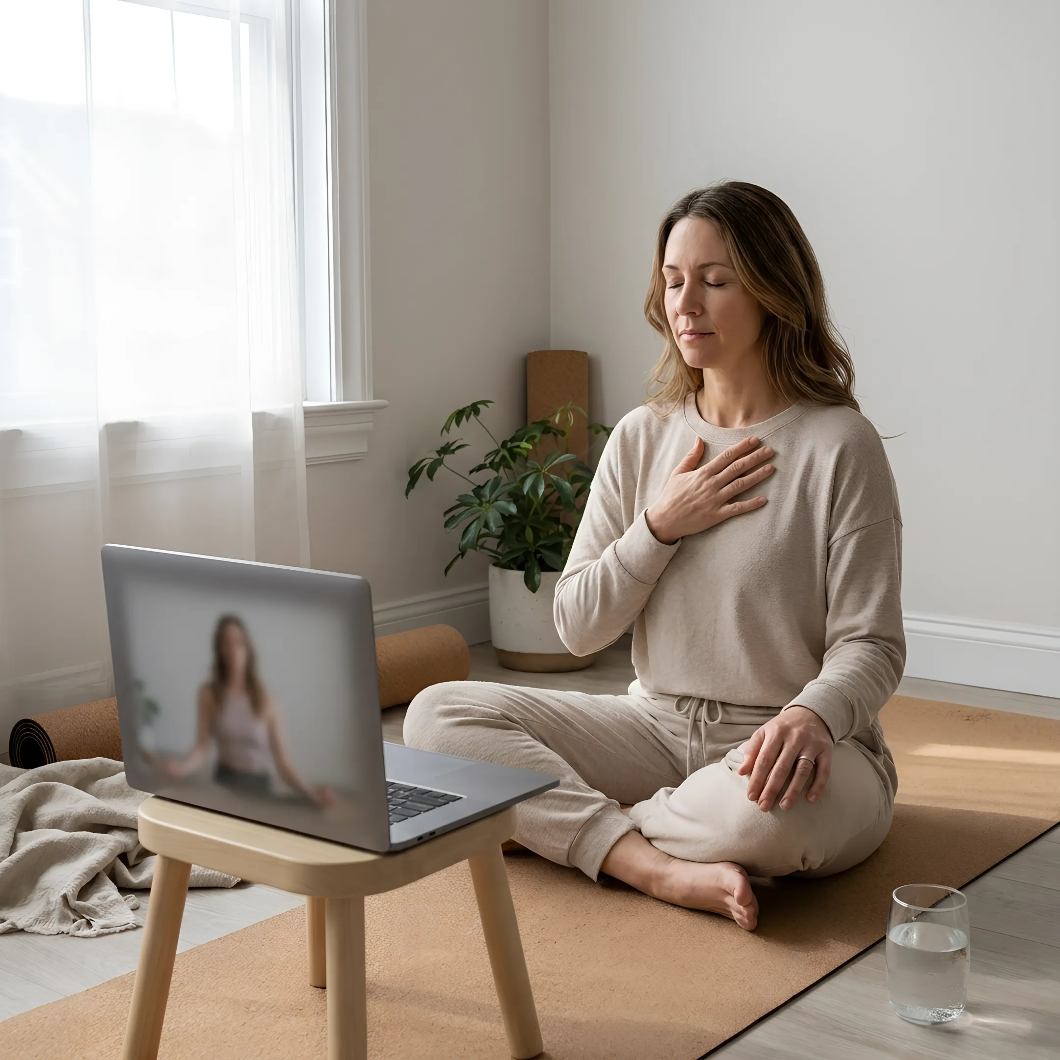 Online breathwork class on a laptop