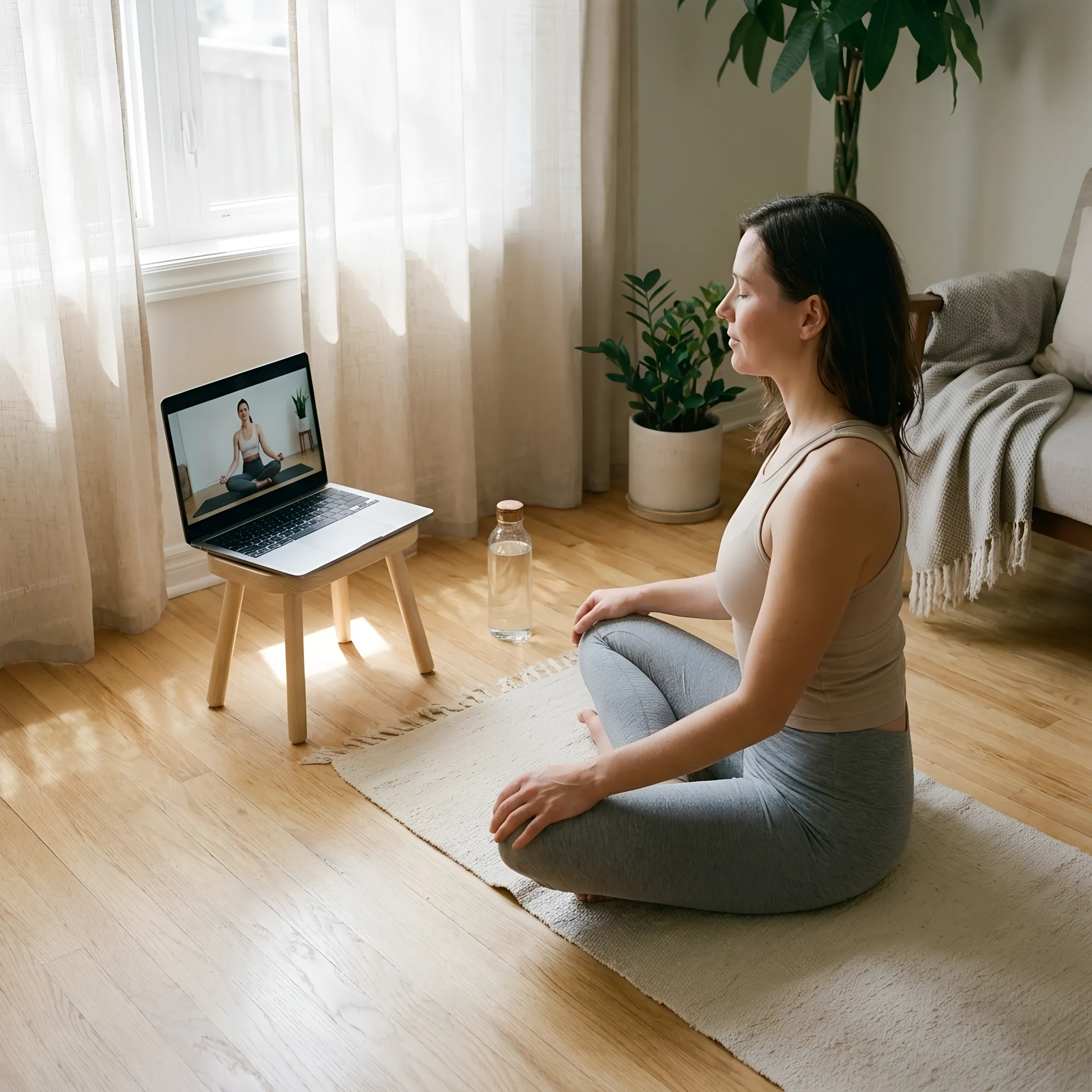 Online Hatha yoga class on a laptop