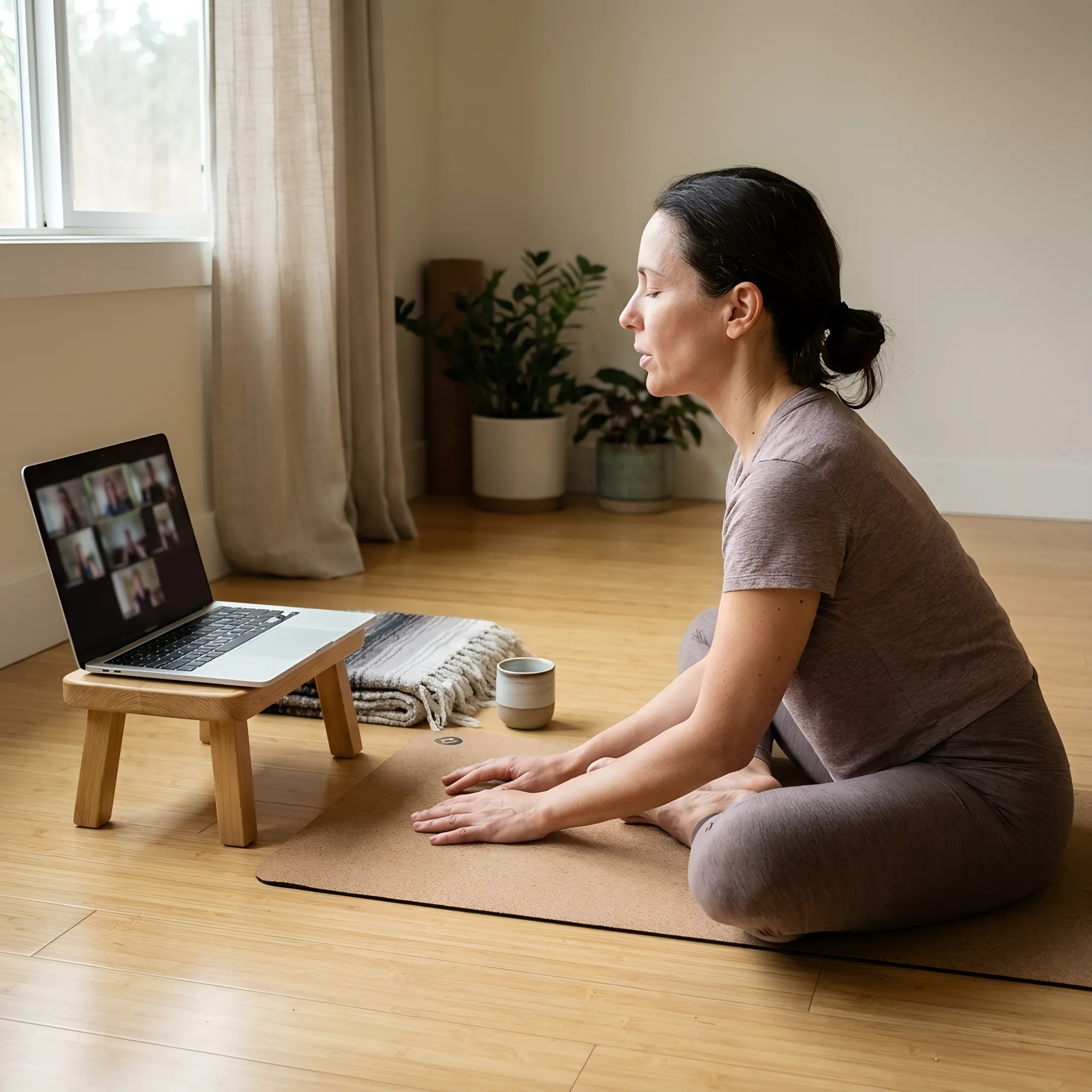 Instructor guiding an online gentle yoga class