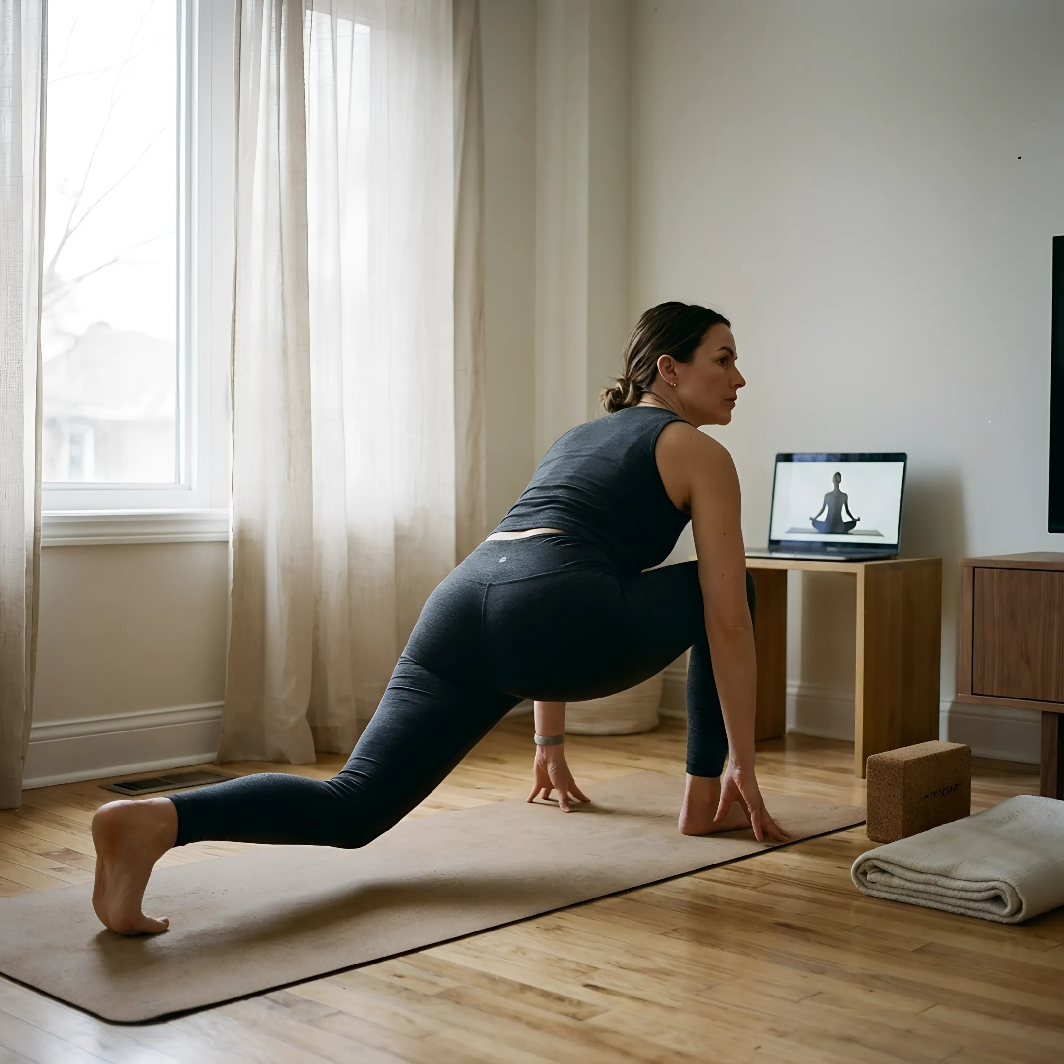 Online vinyasa yoga class in a home setting
