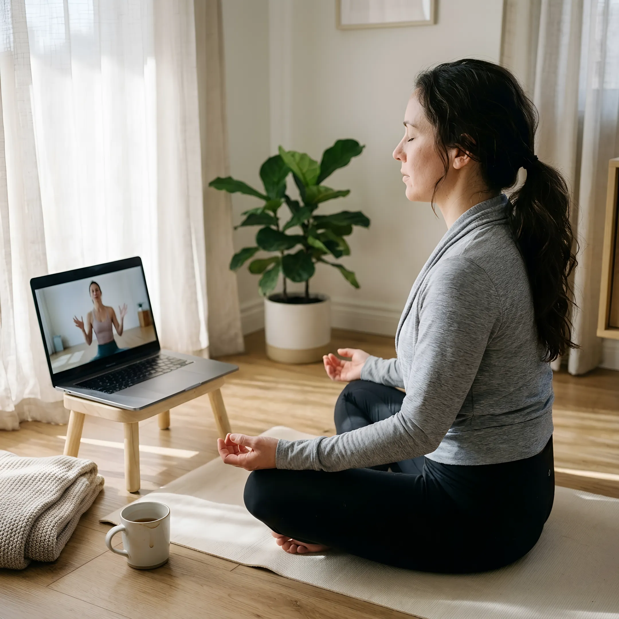 Instructor leading an online meditation practice