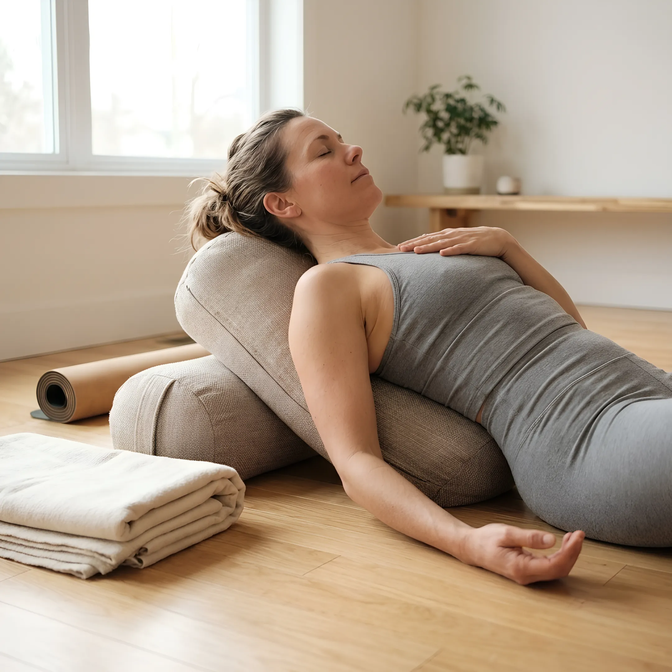Instructor guiding a gentle supported yoga stretch