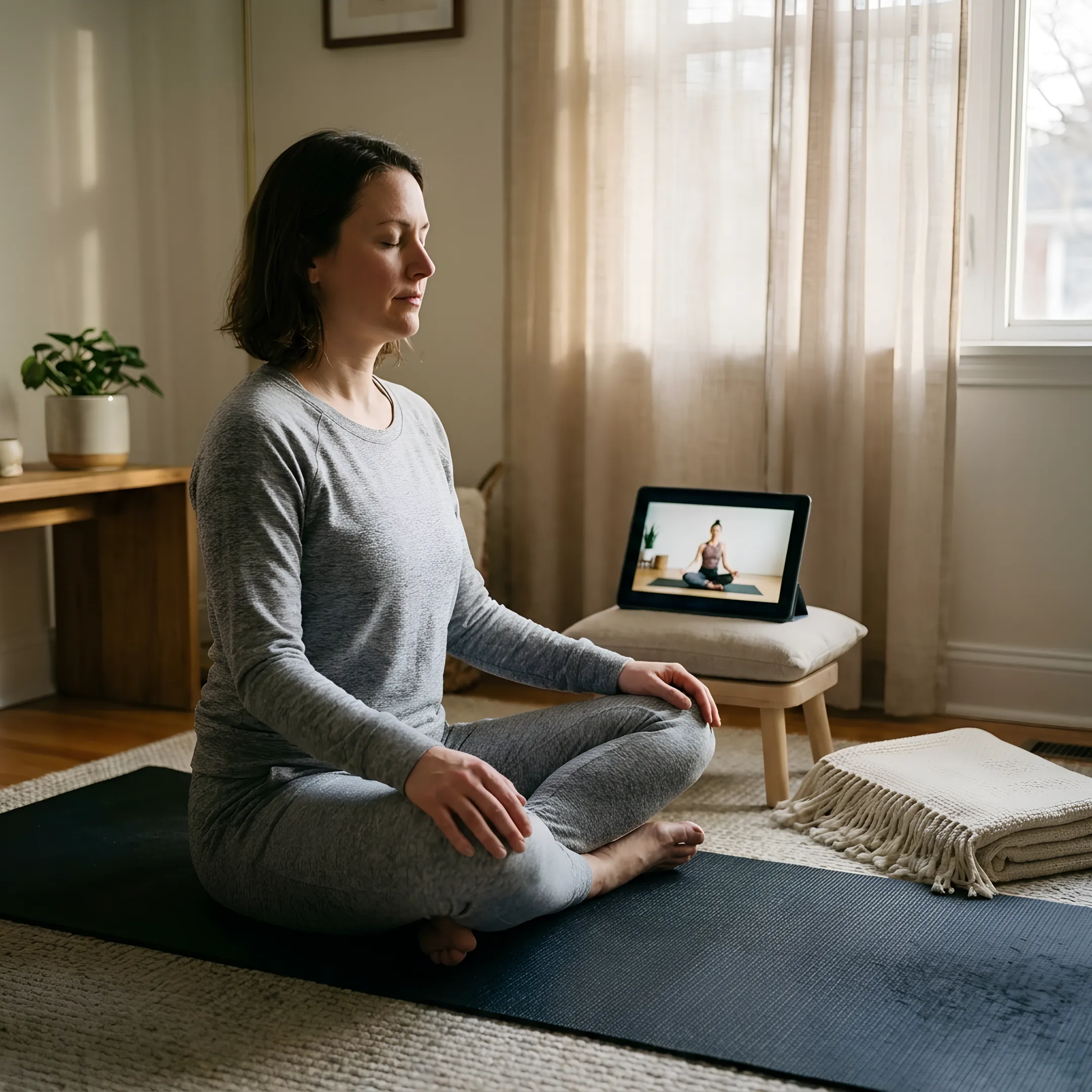 Online yoga member practicing with a tablet