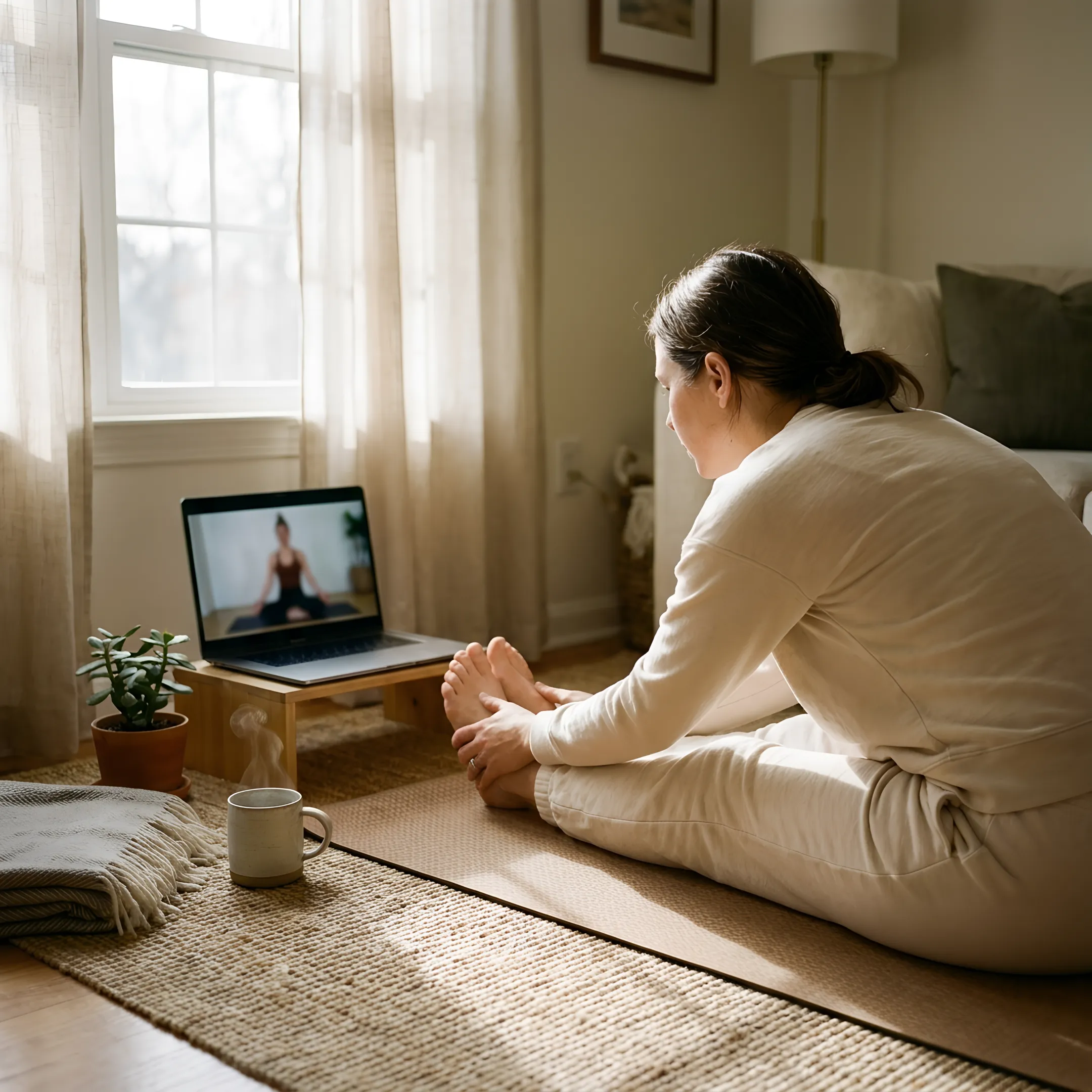 Woman following an online morning yoga class