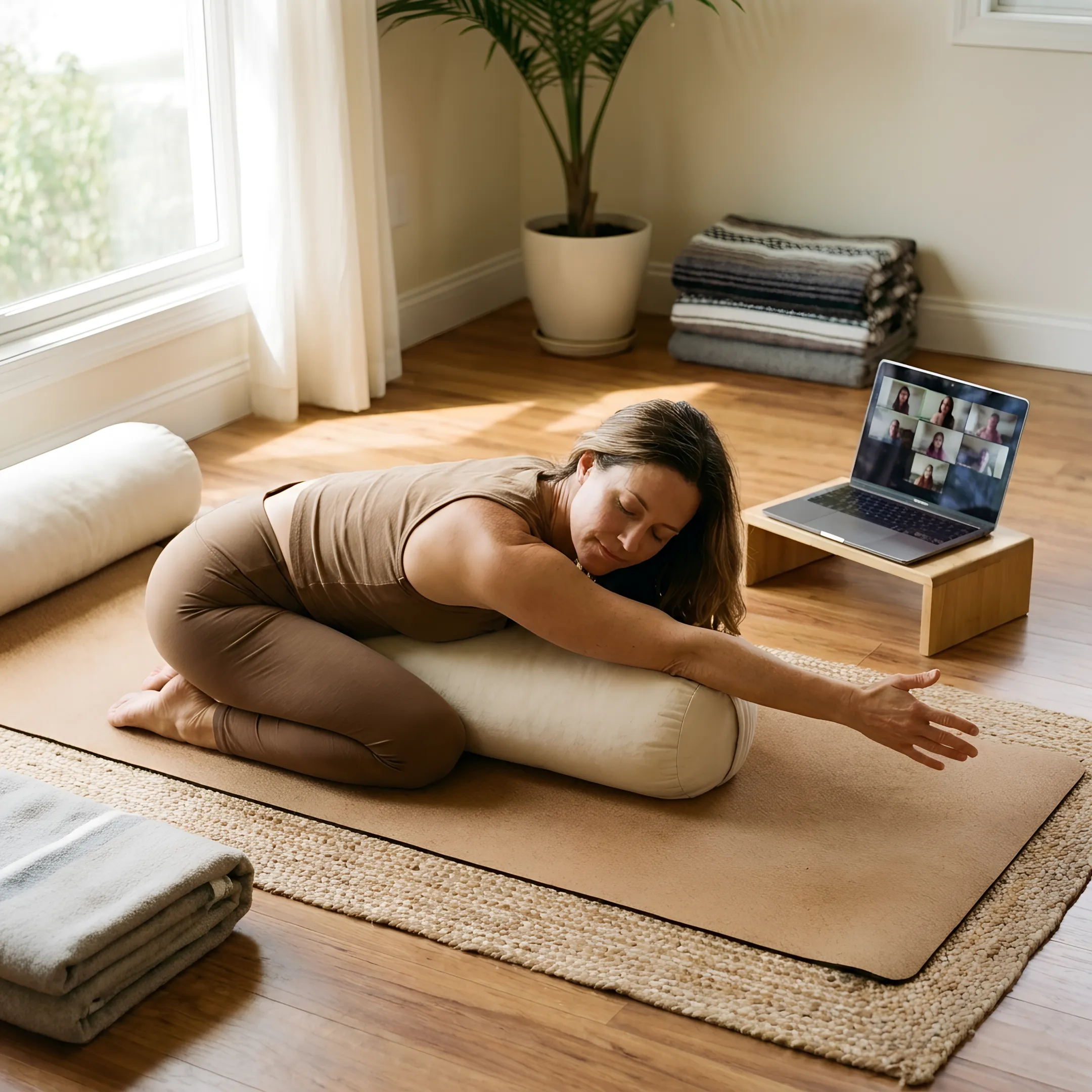 Yoga instructor guiding a gentle floor stretch