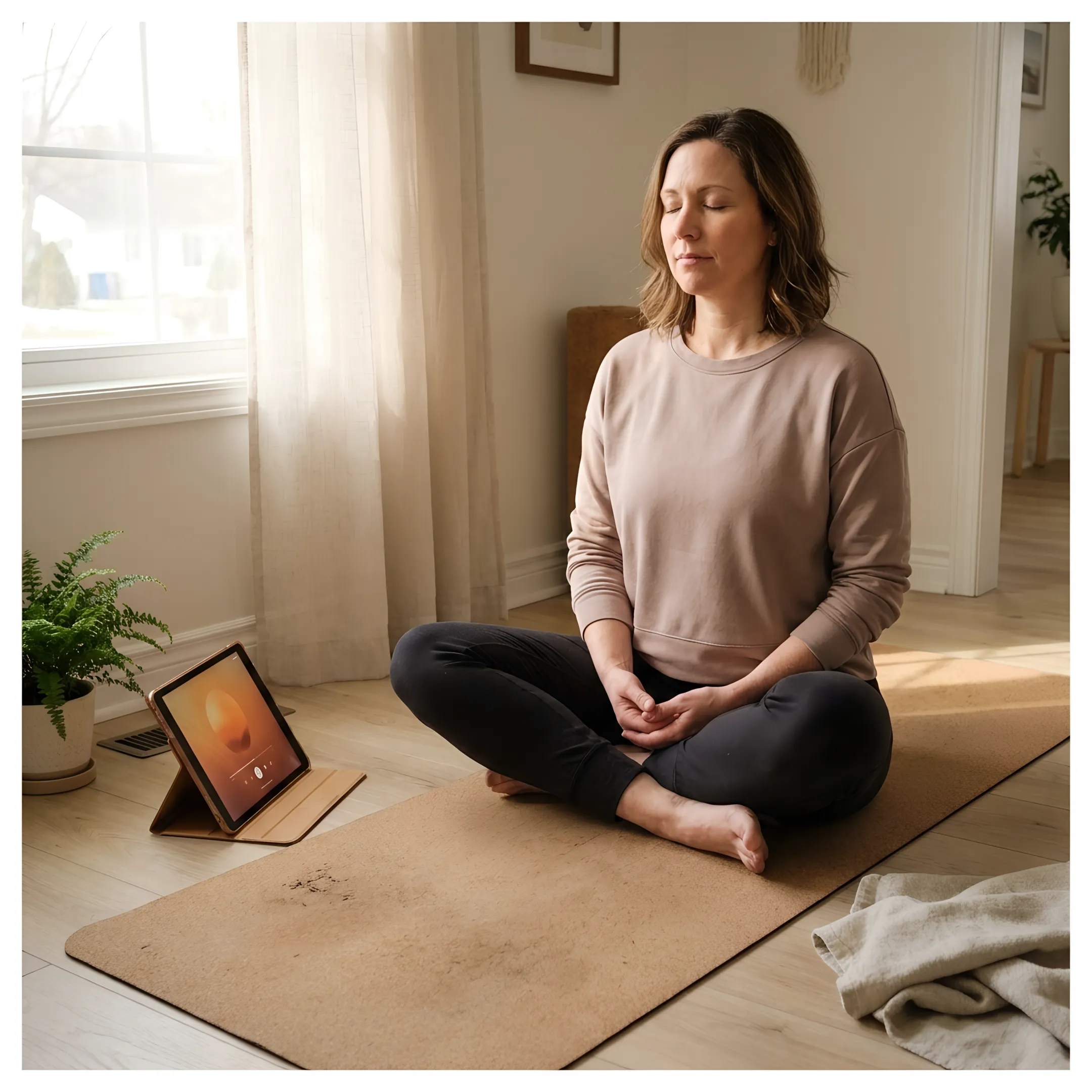 Woman practicing guided meditation at home