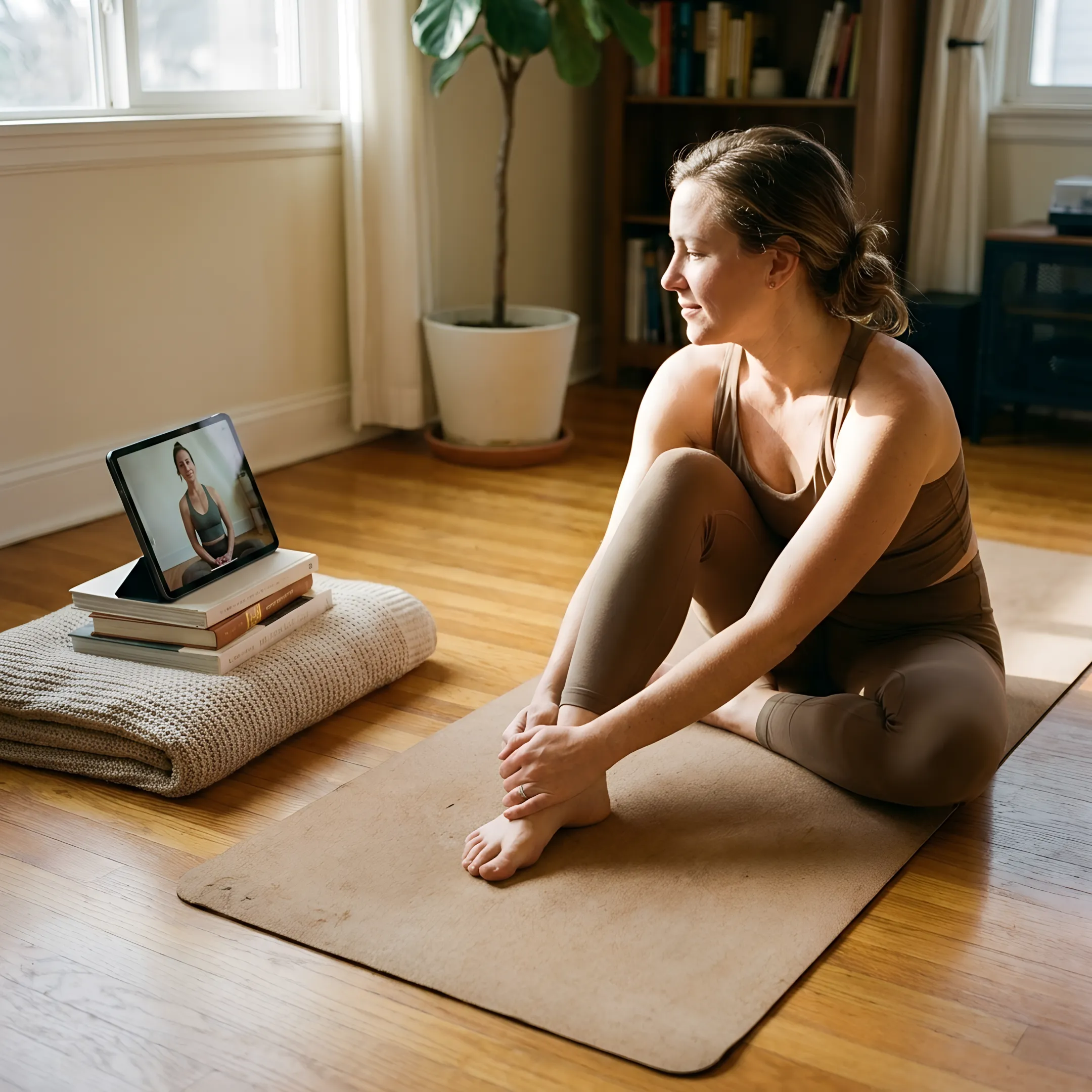Woman following beginner yoga instruction online