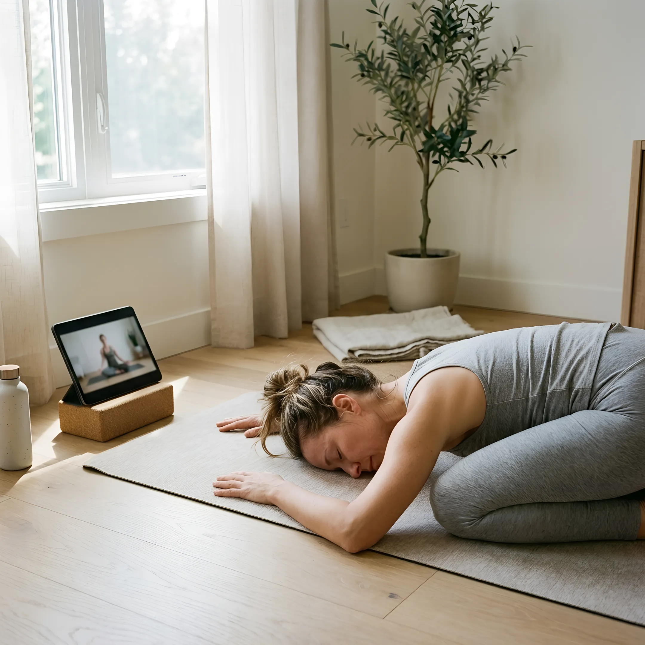 Person enjoying an online restorative yoga class