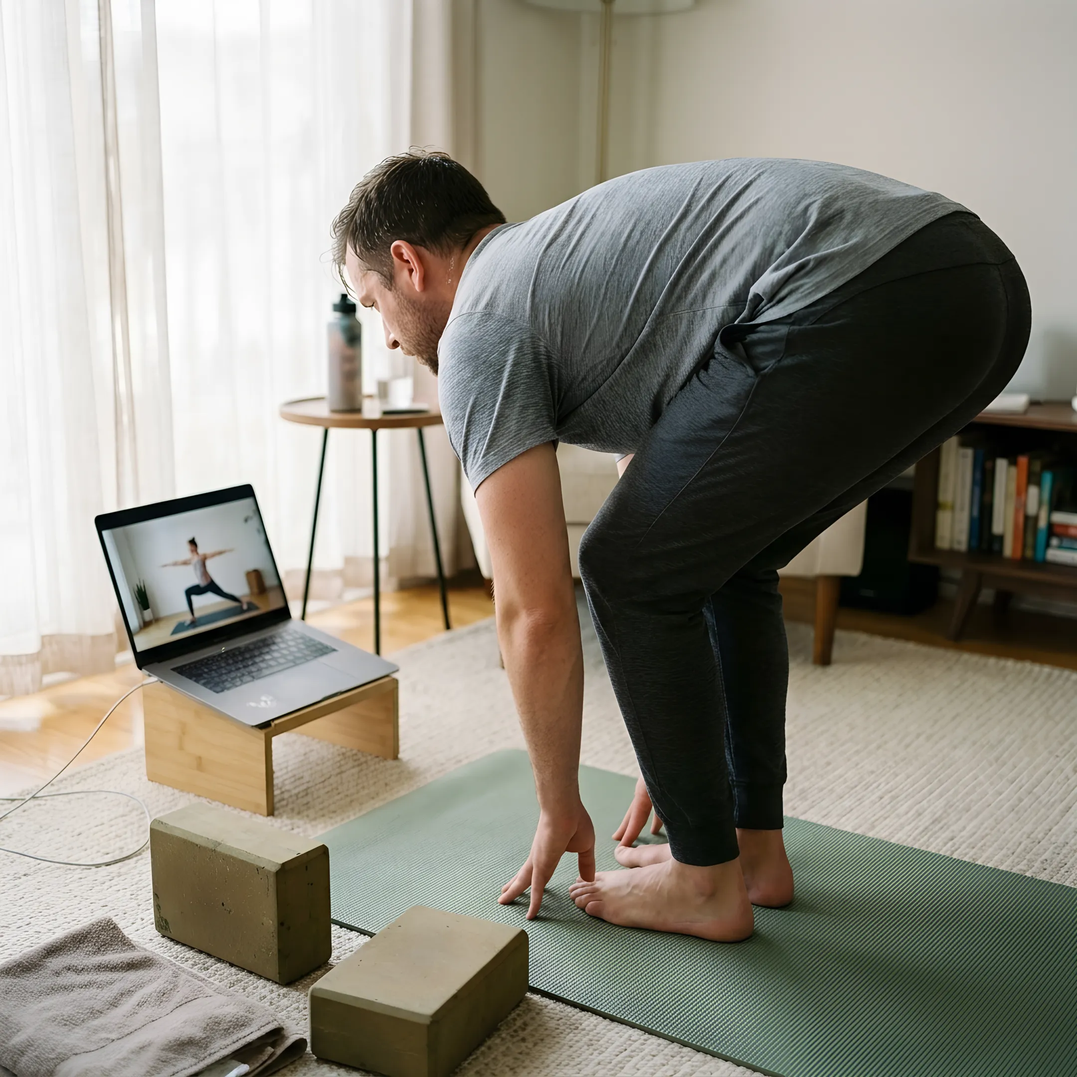 Man following an online yoga class