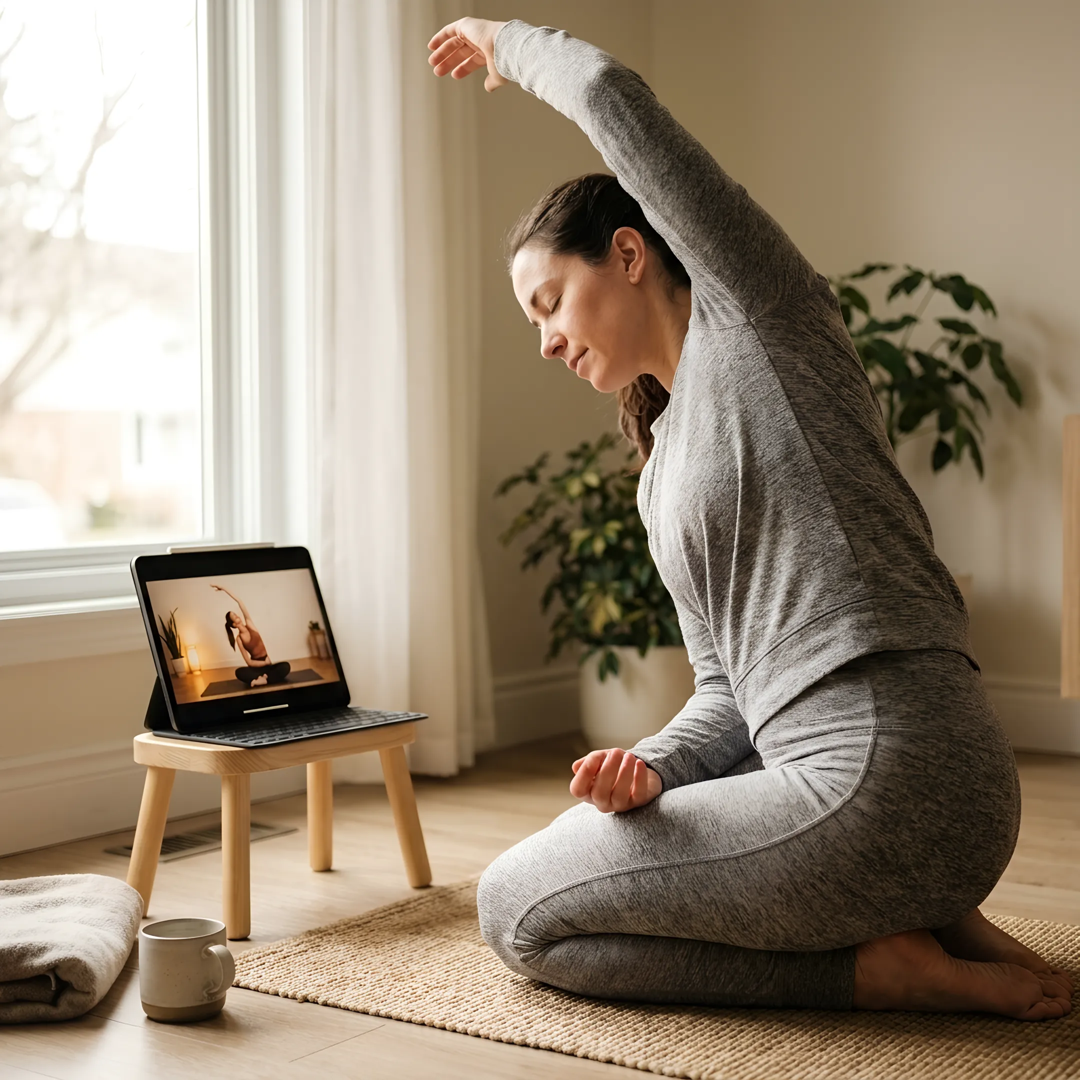 Online yoga instructor leading a gentle home practice