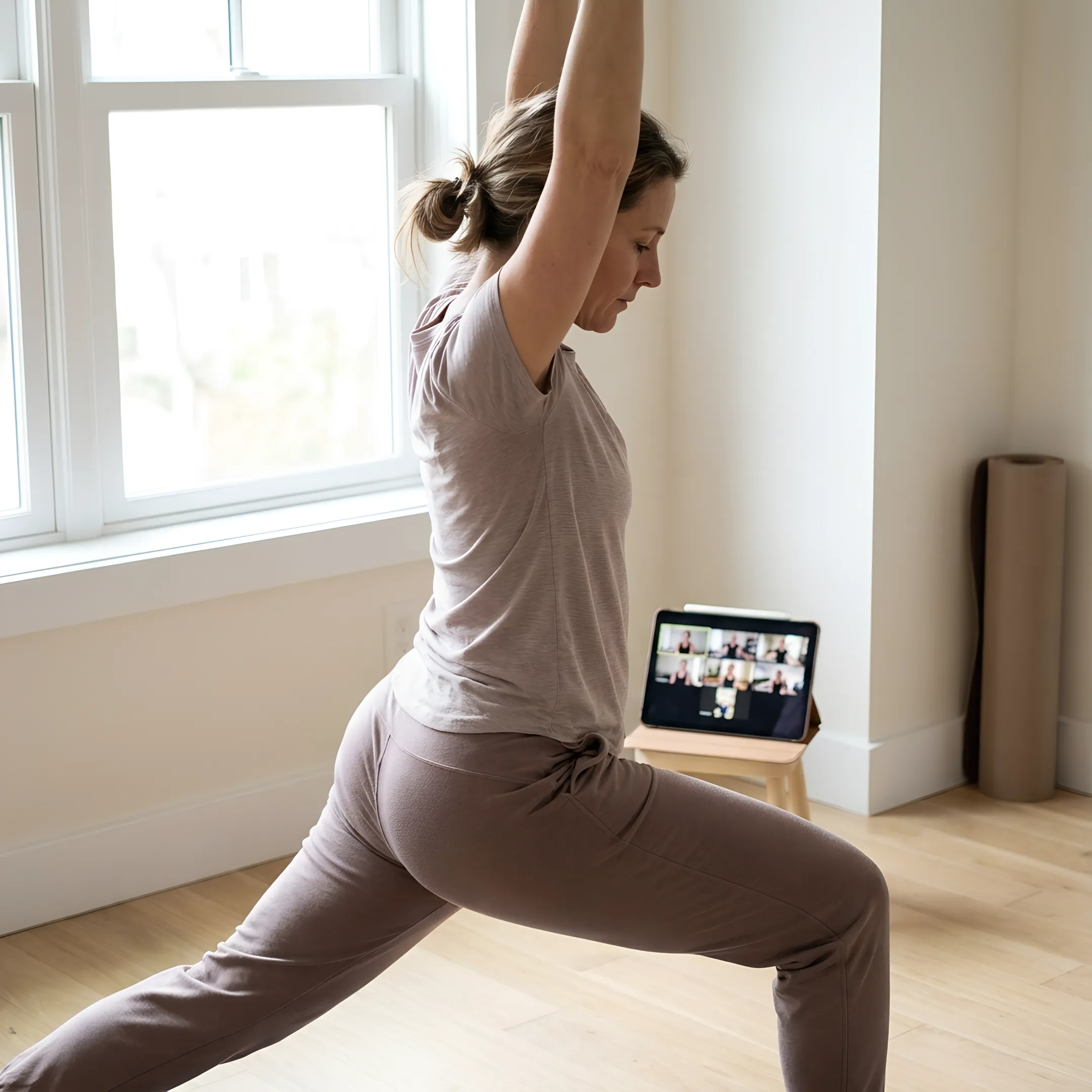 Yoga instructor guiding an online intermediate flow
