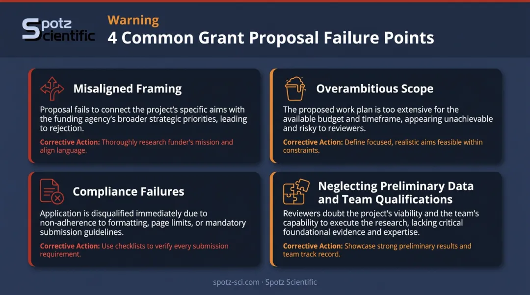 Four common scientific grant proposal mistakes that lead to rejection infographic