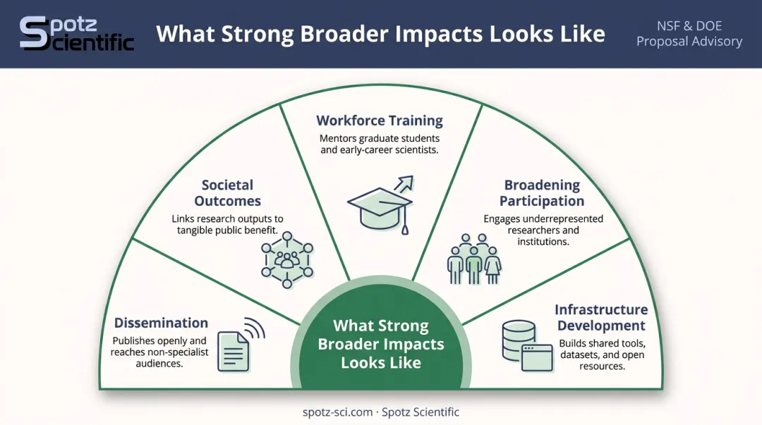 NSF Broader Impacts five strong criteria categories comparison infographic for proposals