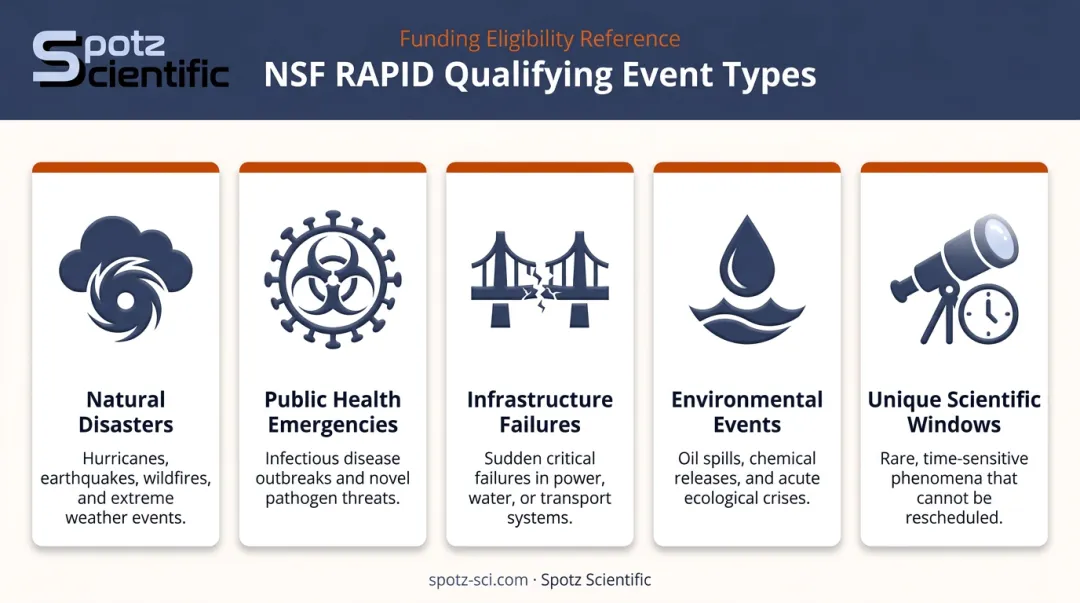 Five NSF RAPID grant qualifying event categories illustrated with icons