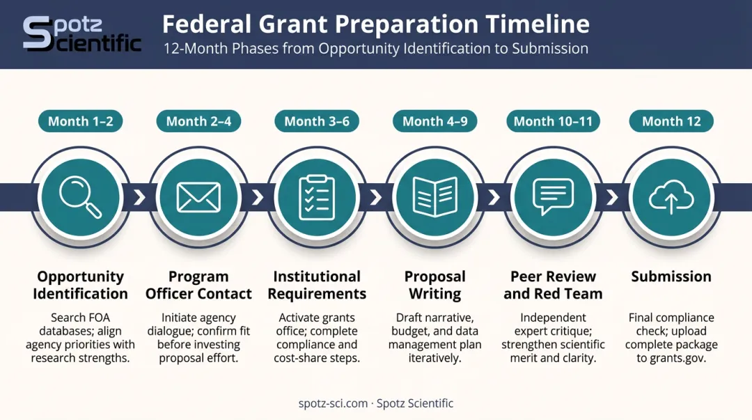 6-to-12-month federal grant proposal preparation timeline with key milestones