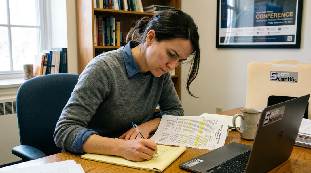 Junior researcher writing competitive grant proposal at desk with federal agency documents