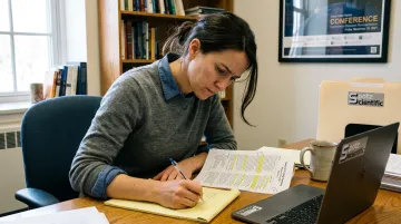 Junior researcher writing competitive grant proposal at desk with federal agency documents