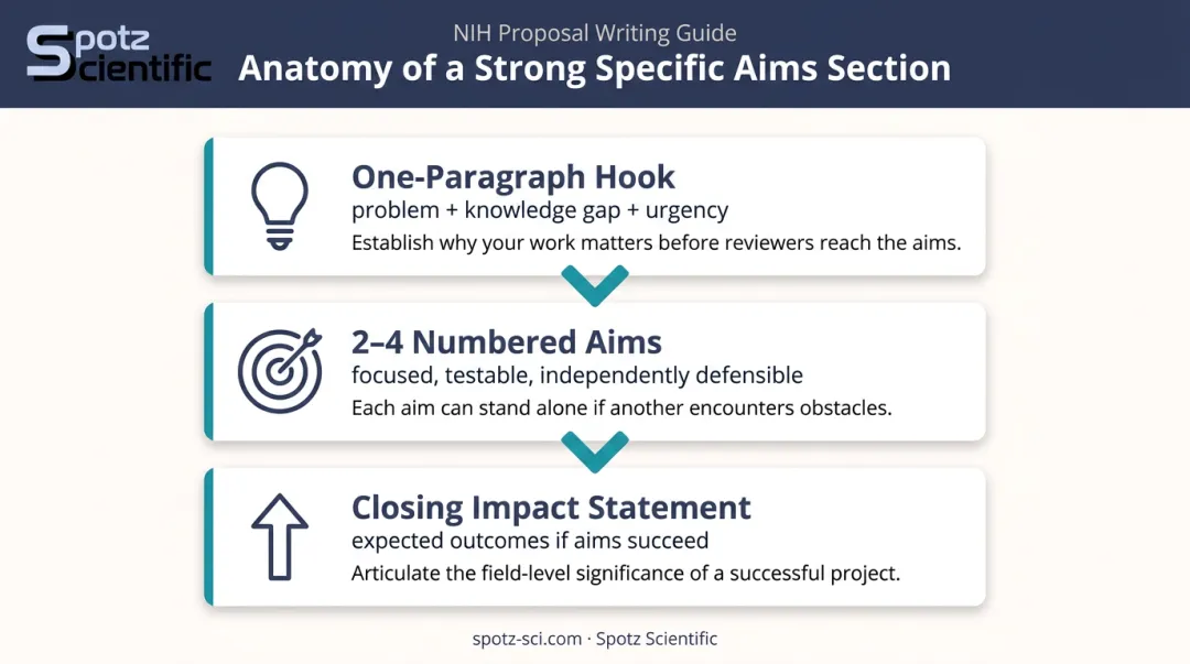 Three-part specific aims structure for research grant proposal writing