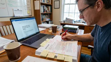 Former DOE program manager reviewing scientific grant proposal draft materials