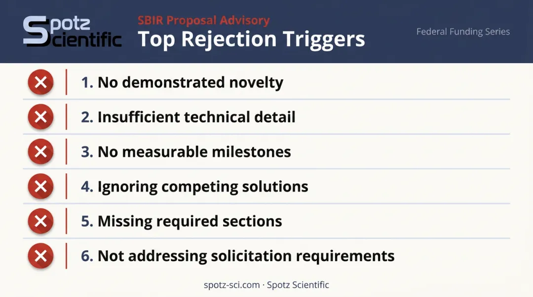 Six most common SBIR proposal rejection reasons warning checklist infographic