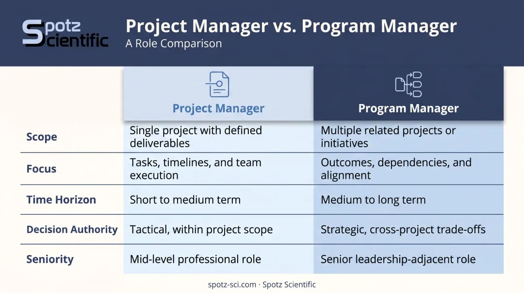 Program manager versus project manager five-dimension comparison infographic consulting