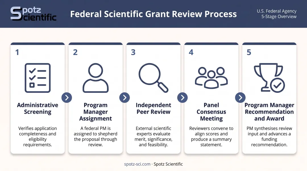 5-stage federal grant proposal review process flow from screening to award decision