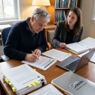 Consultant reviewing research proposal drafts