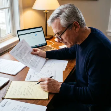 Research consultant reviewing federal proposal documents