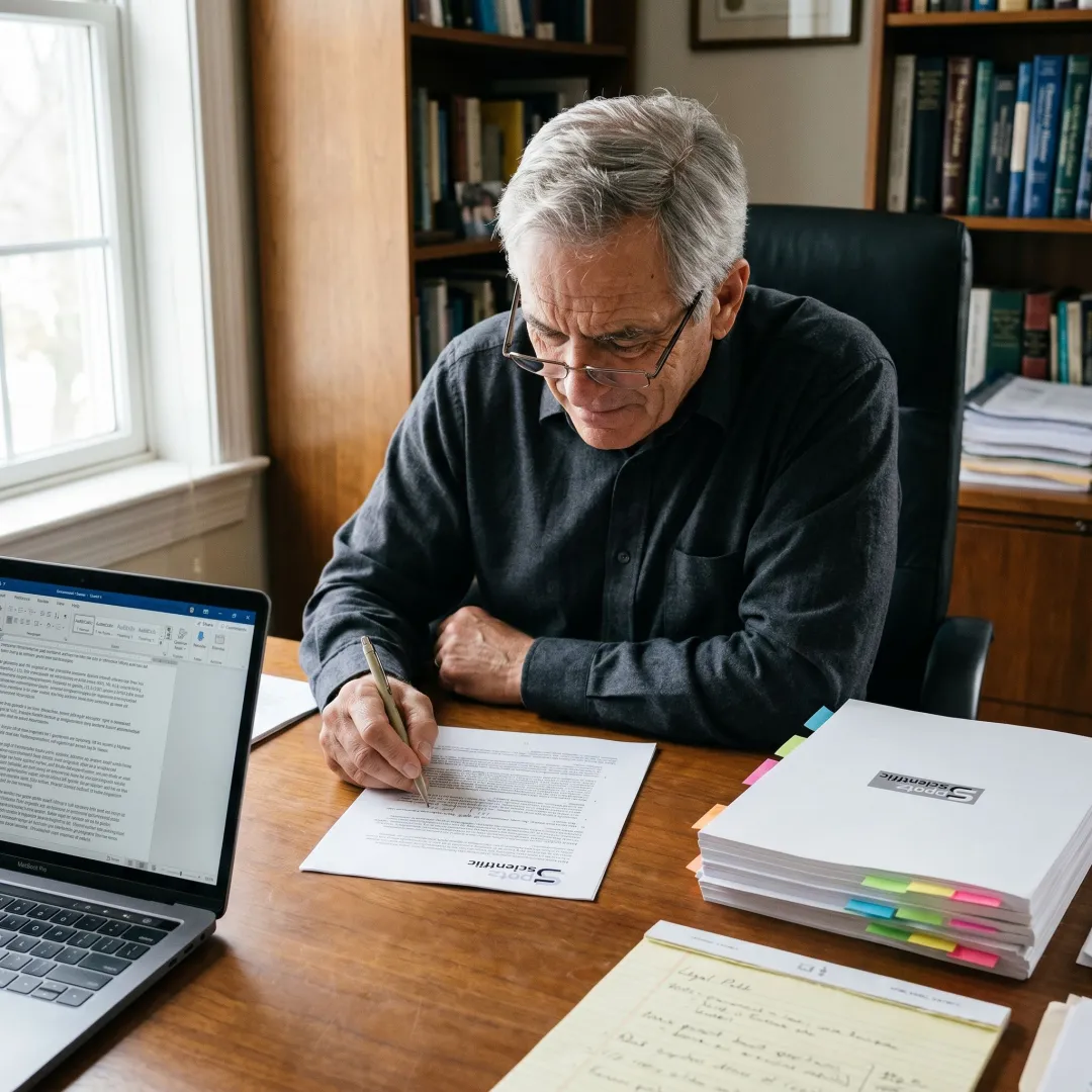 Research consultant reviewing scientific proposal documents