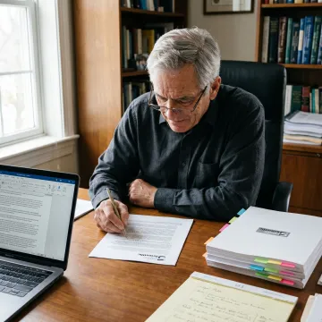 Research consultant reviewing scientific proposal documents