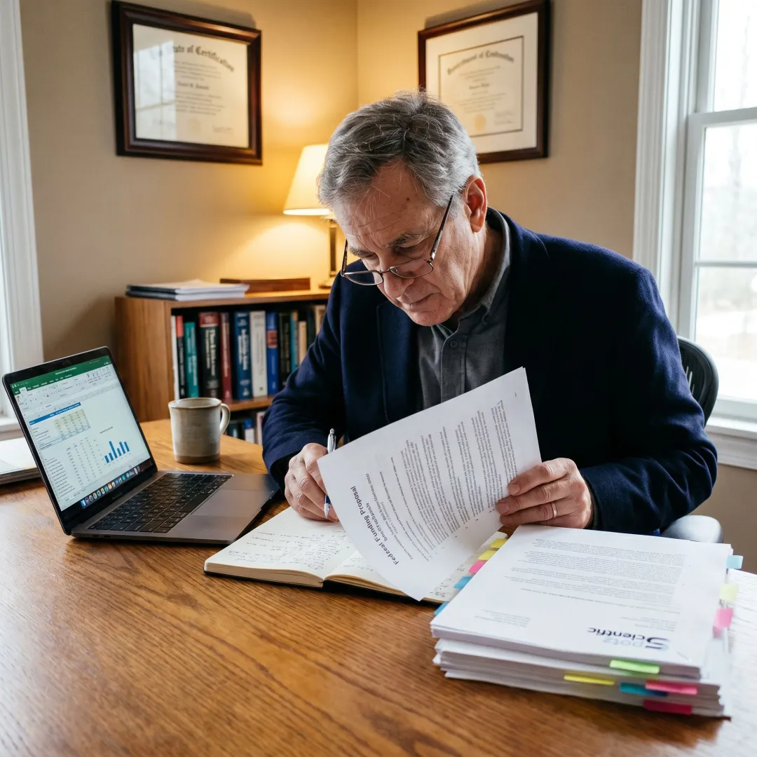 Grant strategy consultant reviewing research proposal documents