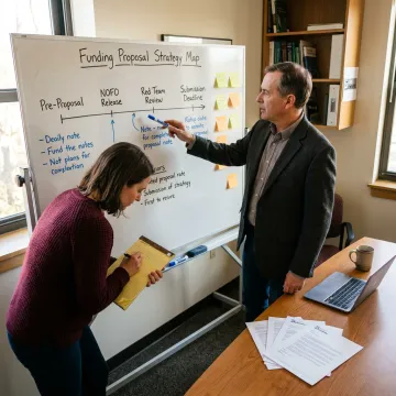Consultant reviewing proposal strategy with researcher
