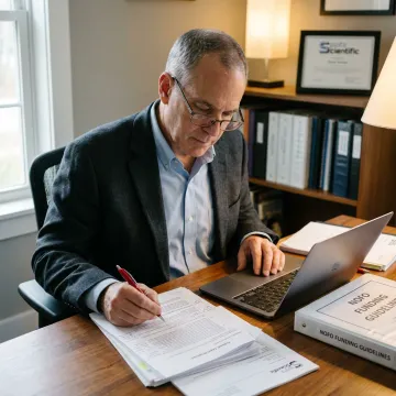 Research consultant reviewing scientific proposal documents