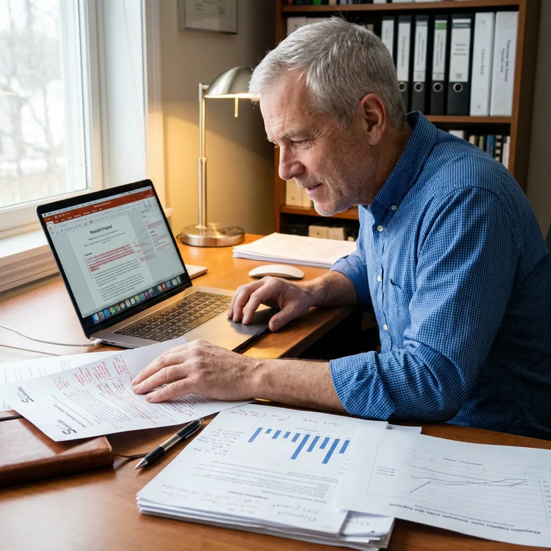 Small business owner reviewing DOE funding materials