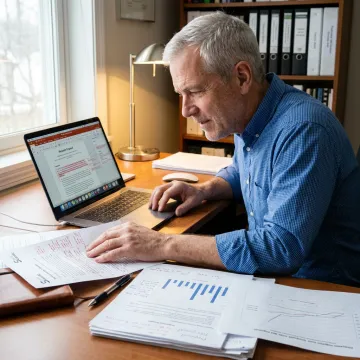 Small business owner reviewing DOE funding materials