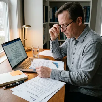 Federal proposal writing consultant reviewing research documents