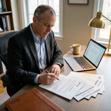 Research proposal development consultant reviewing documents