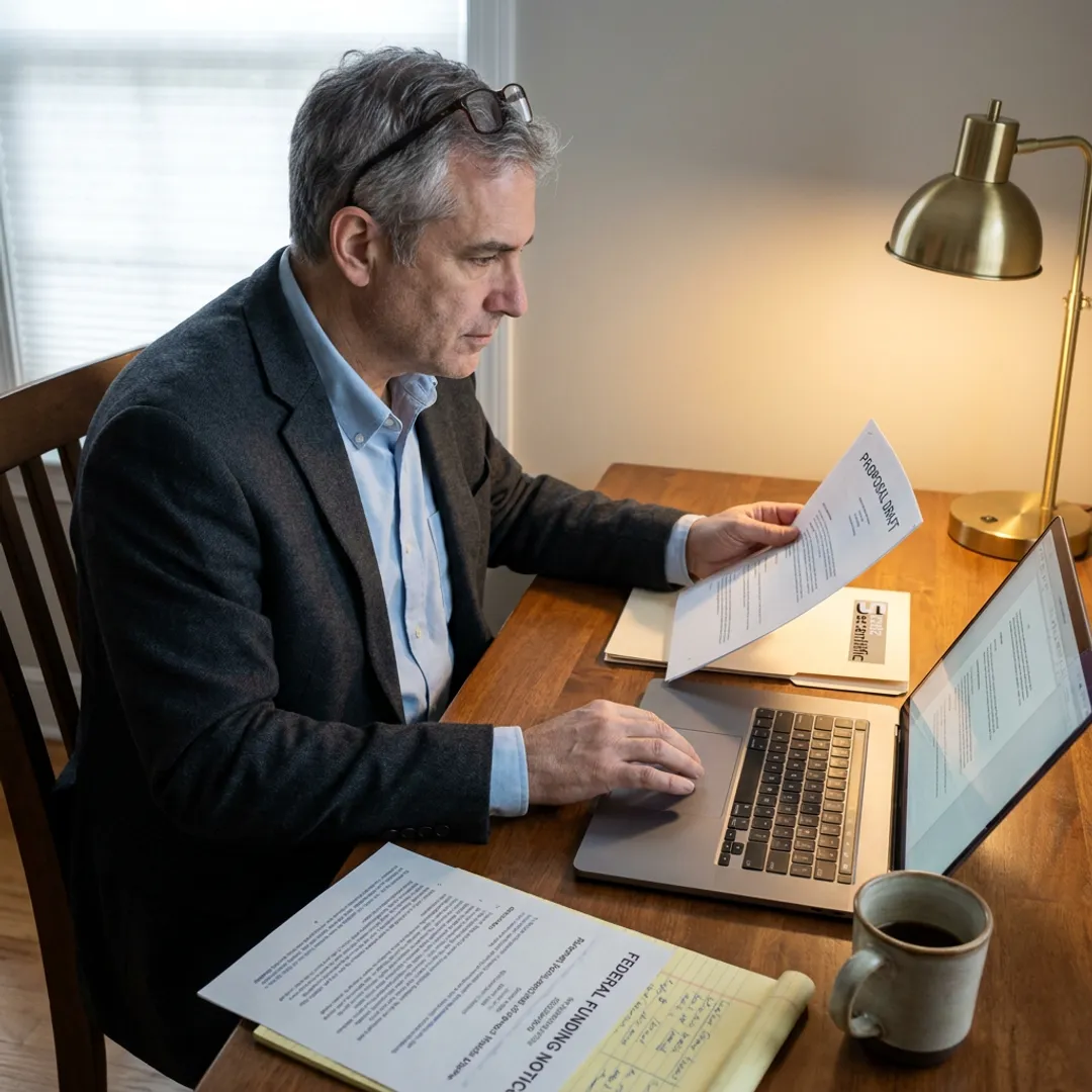 Consultant reviewing research proposal documents