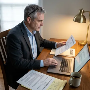 Consultant reviewing research proposal documents