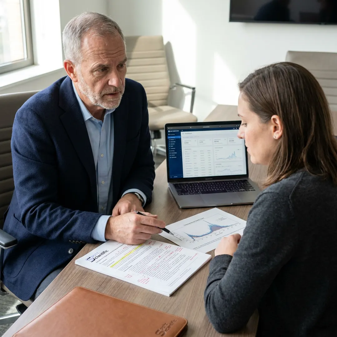 Consultant and researcher discussing a grant proposal