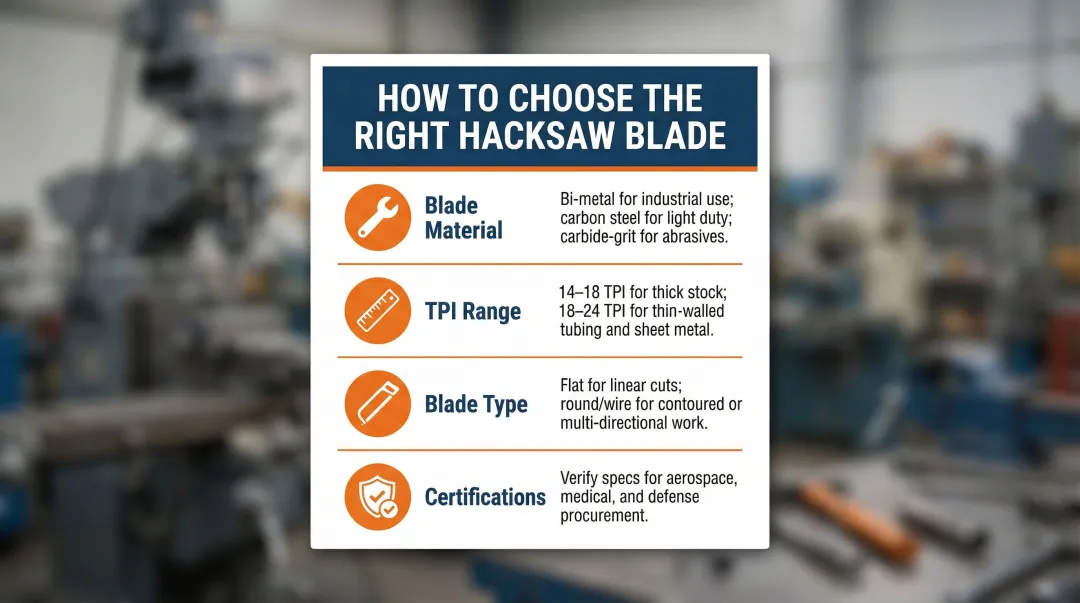 Hacksaw blade selection criteria checklist material TPI application and certifications